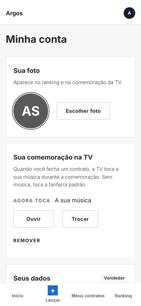 Tela Minha conta no celular, onde o vendedor escolhe a foto e a música da comemoração na TV.