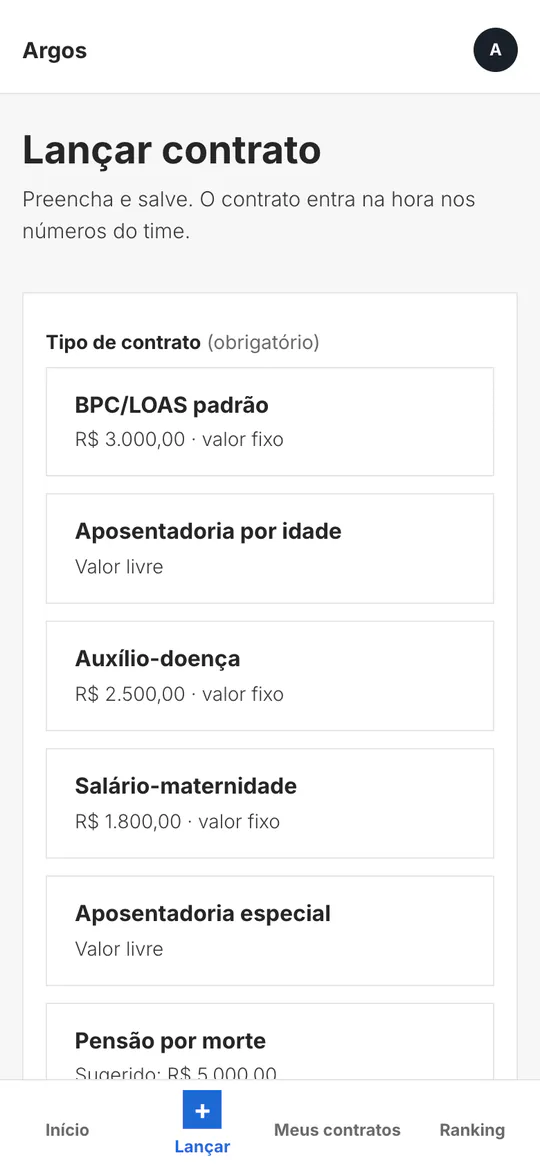 Celular do vendedor na tela Lançar contrato, com os tipos de contrato e o valor de cada um.
