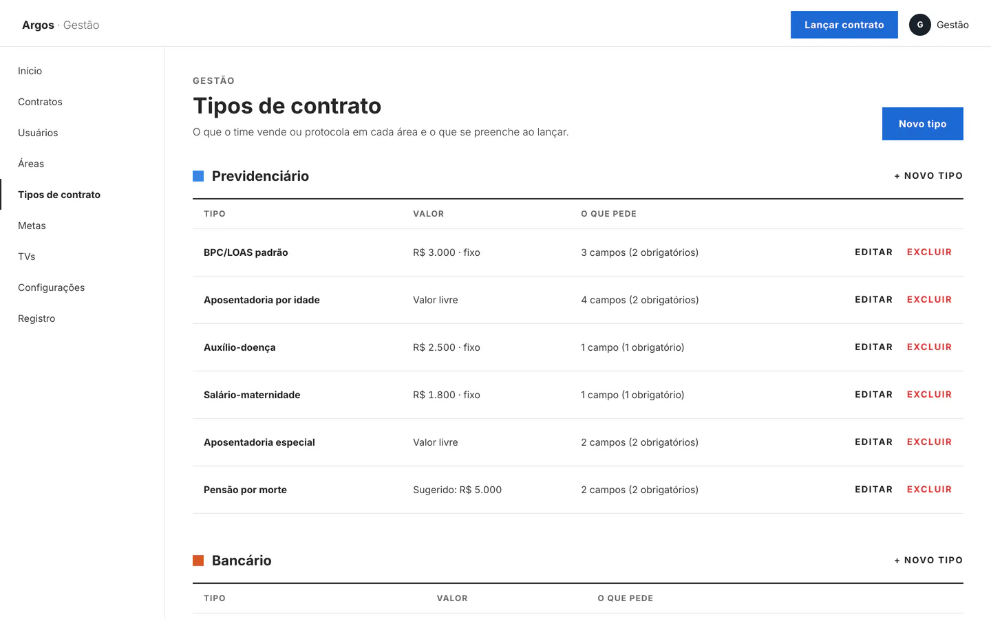 Tela de tipos de contrato com valor fixo, sugerido ou livre e quantos campos cada tipo pede.