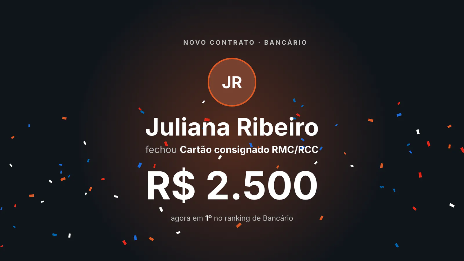 Comemoração na TV: Juliana Ribeiro fechou Cartão consignado RMC/RCC de R$&nbsp;2.500 e agora está em 1º no ranking de Bancário.